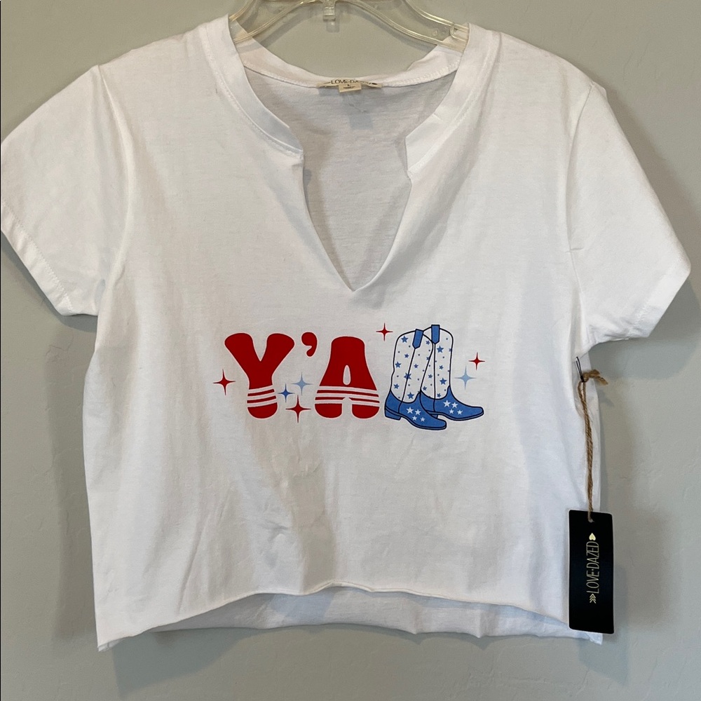 Loved Dazed White Short Sleeve Cropped T-Shirt with Graphic Boots Print Size L